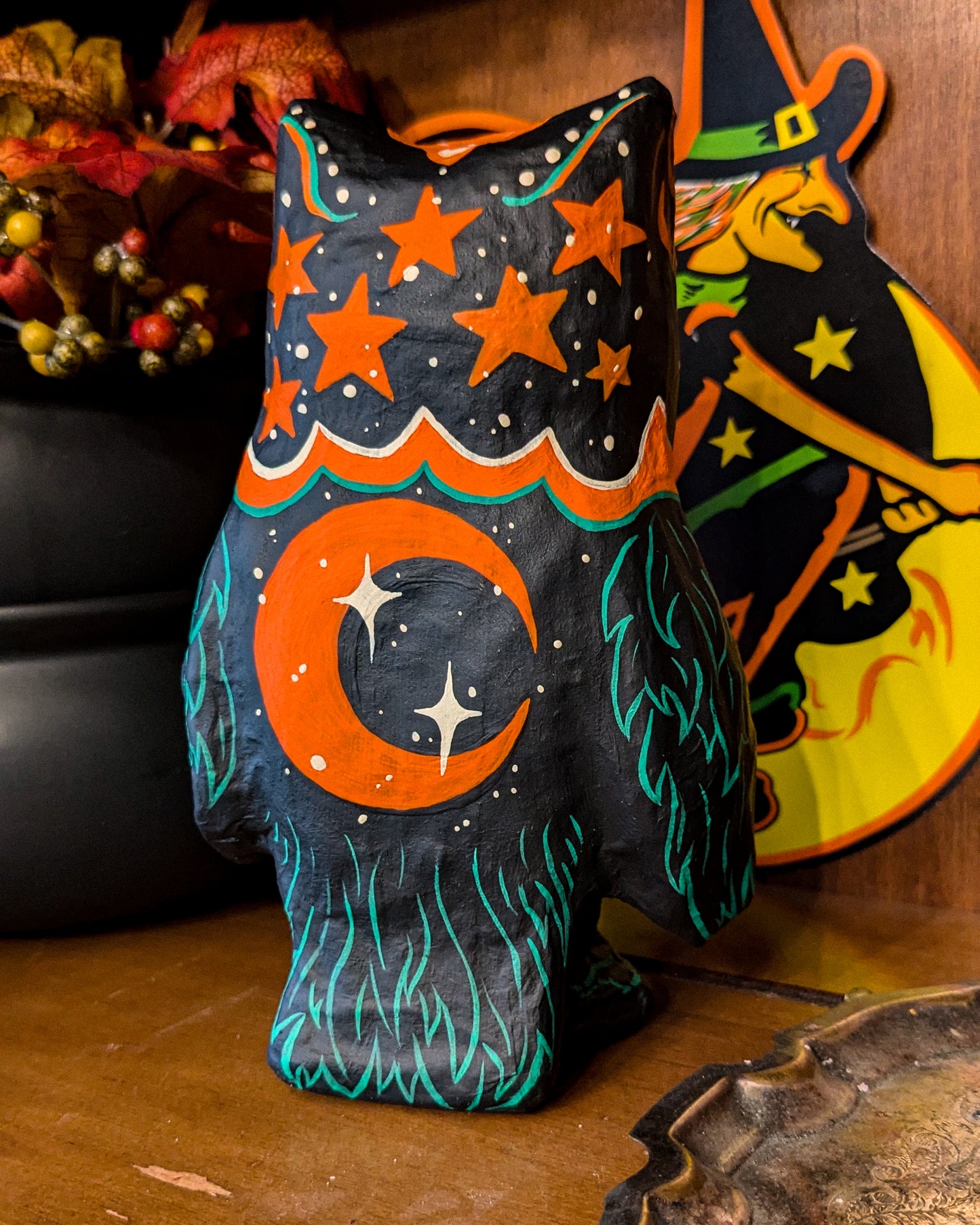 Moon Owl Paper Mache Halloween Decoration