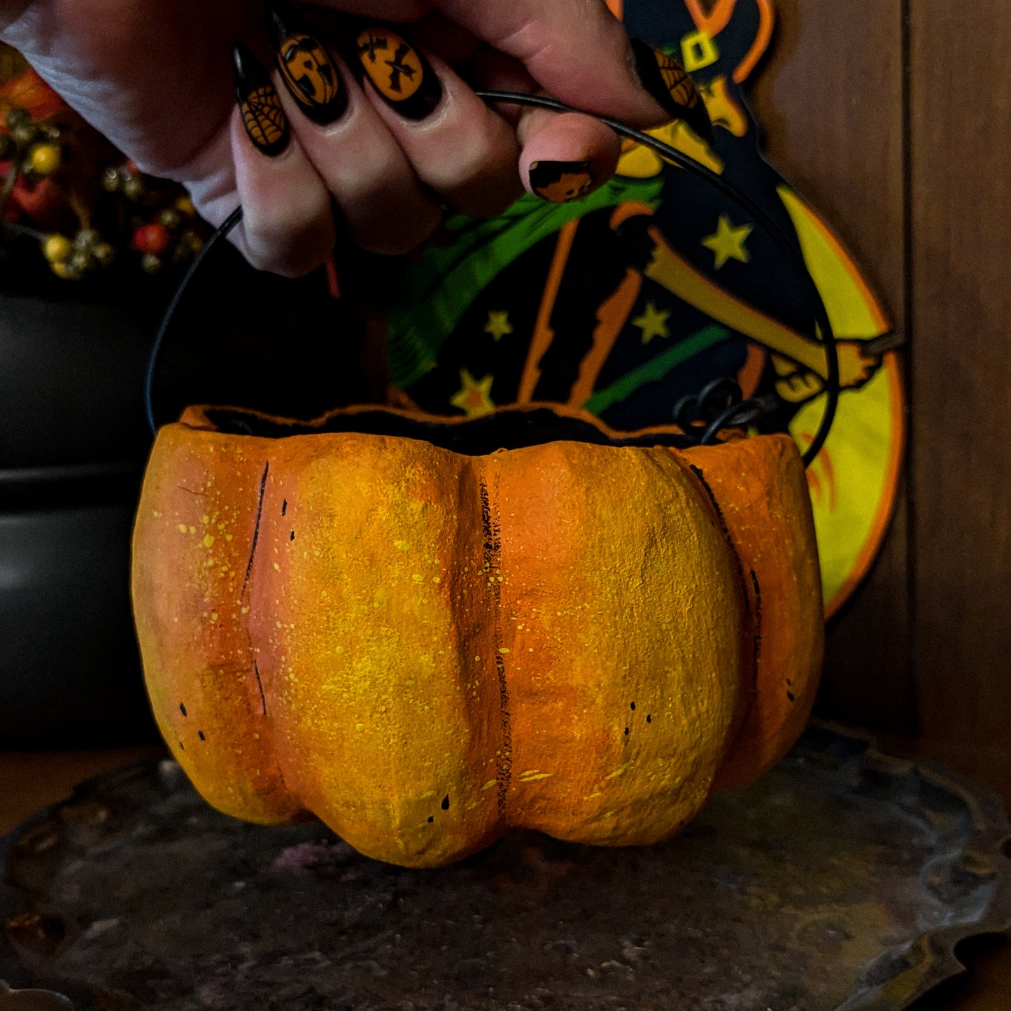 Small Grinning Jack Paper Mache Treat Bucket