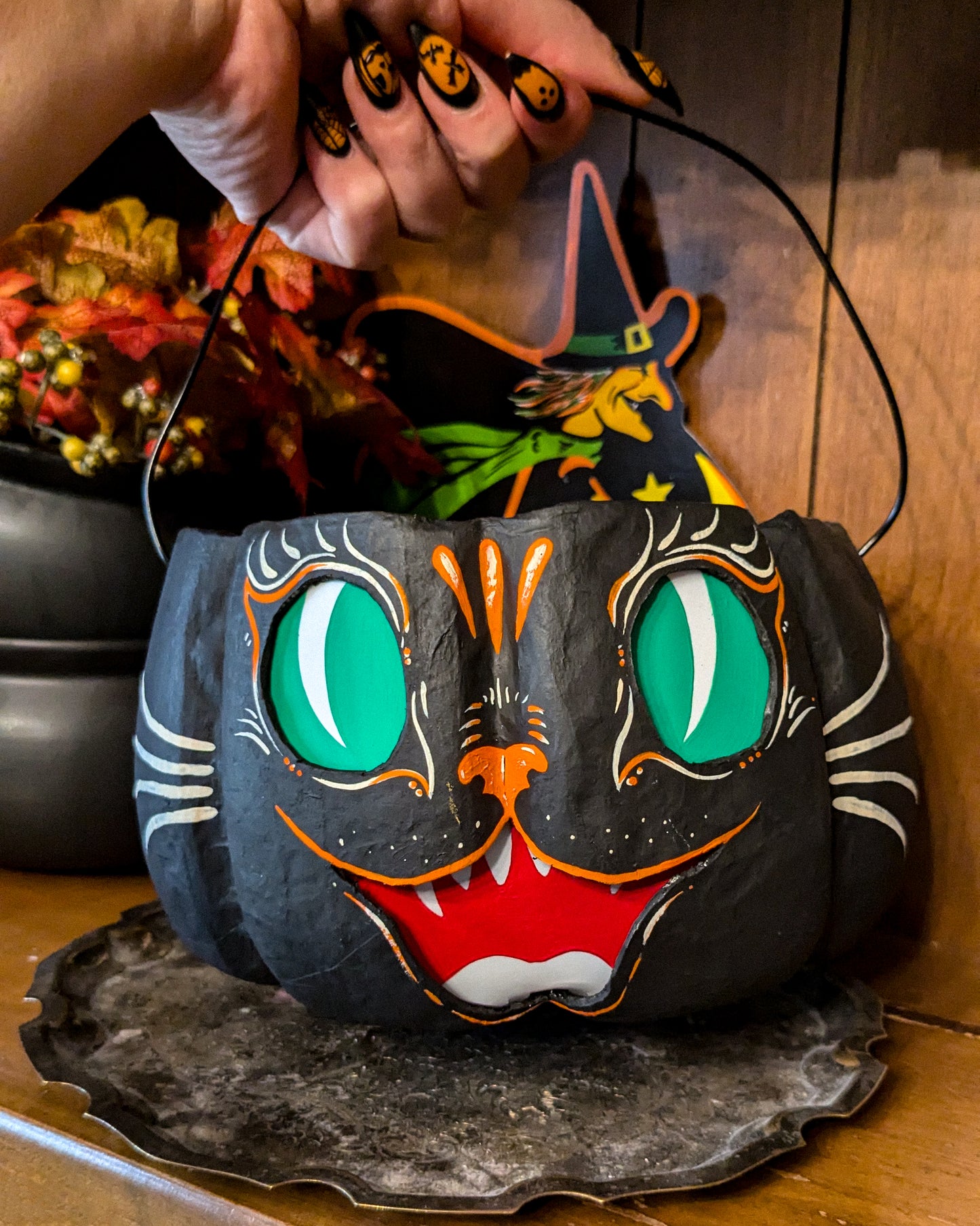 Scaredy Cat Paper Mache Treat Bucket