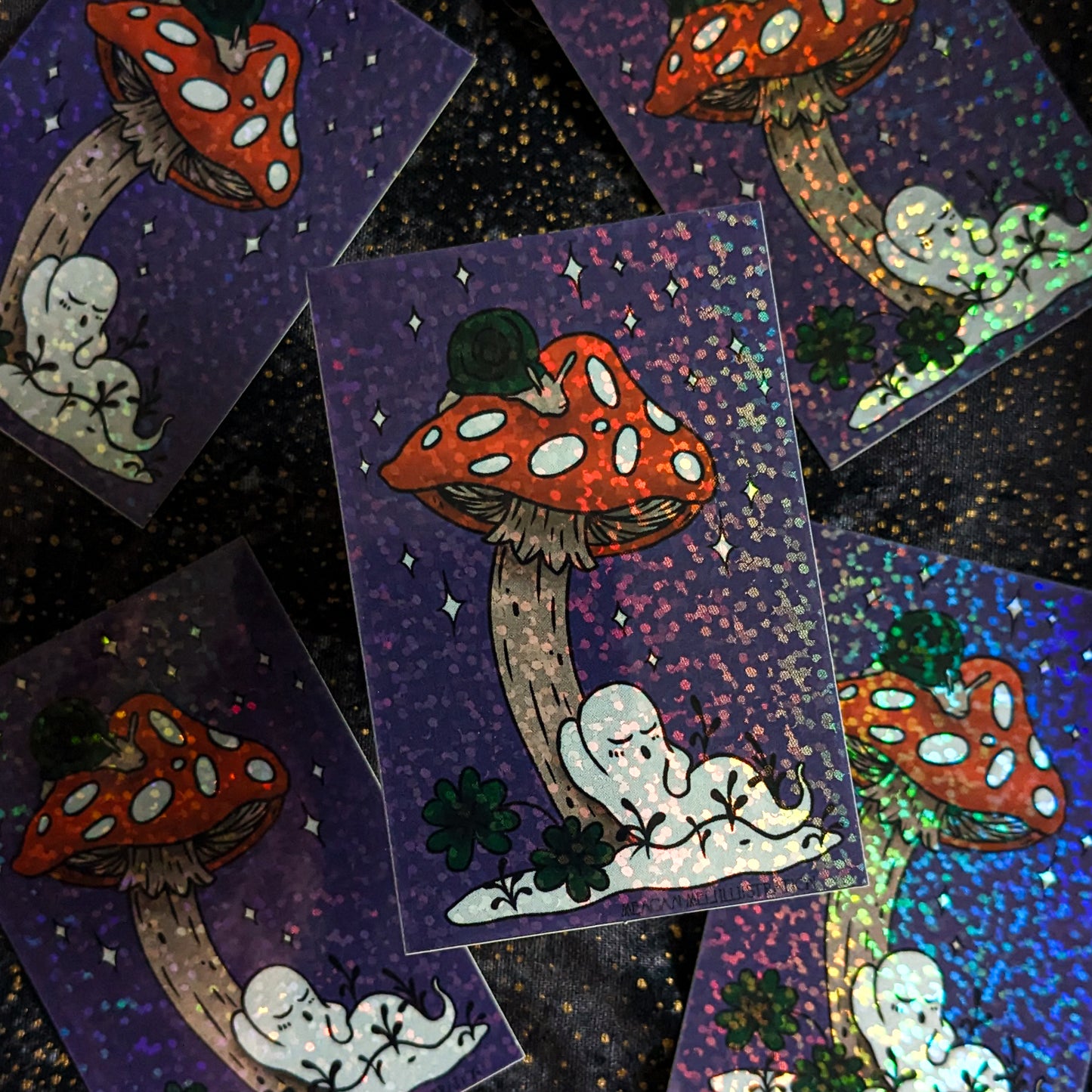 Sleepy Mushroom Ghost Glitter Sticker