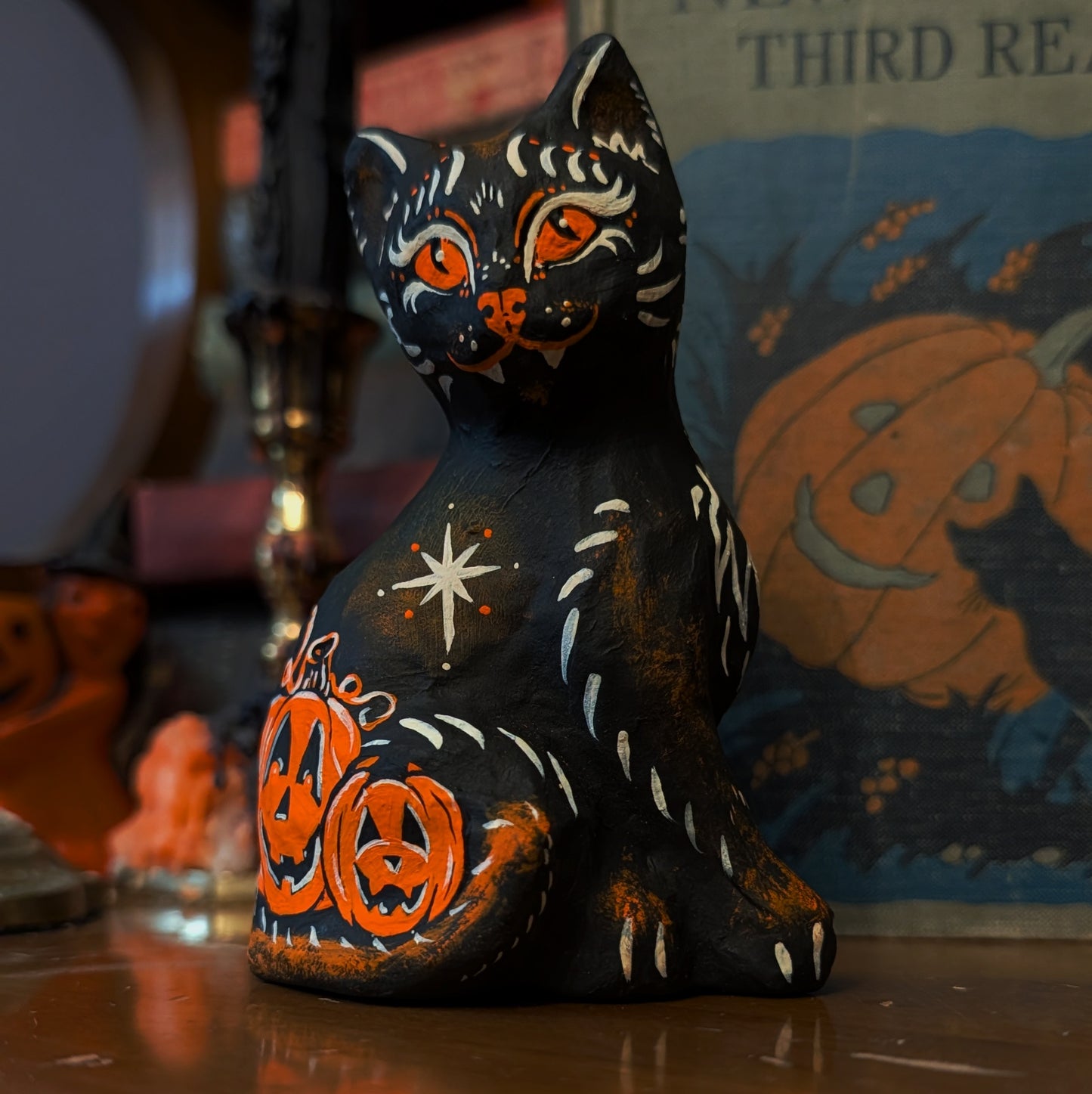 Pumpkin Patch Keeper Paper Mache Cat