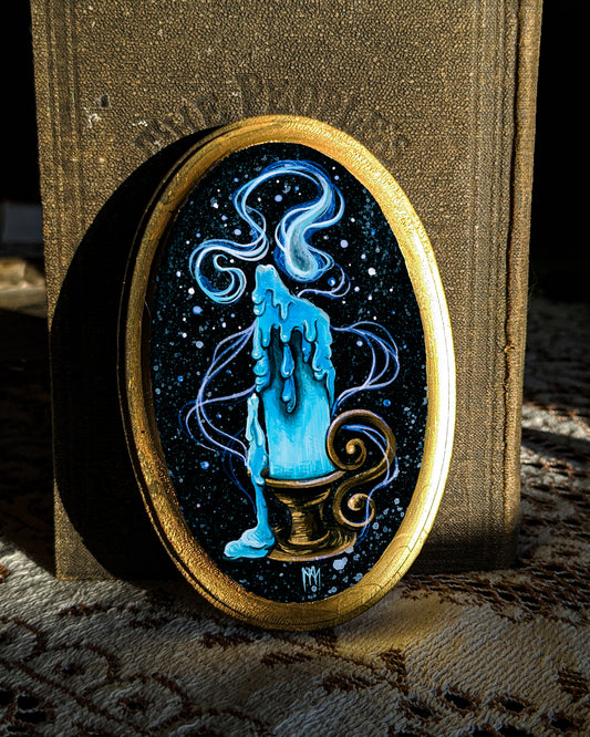 Blue Ghost Candle Wood Mounted Print - Oval