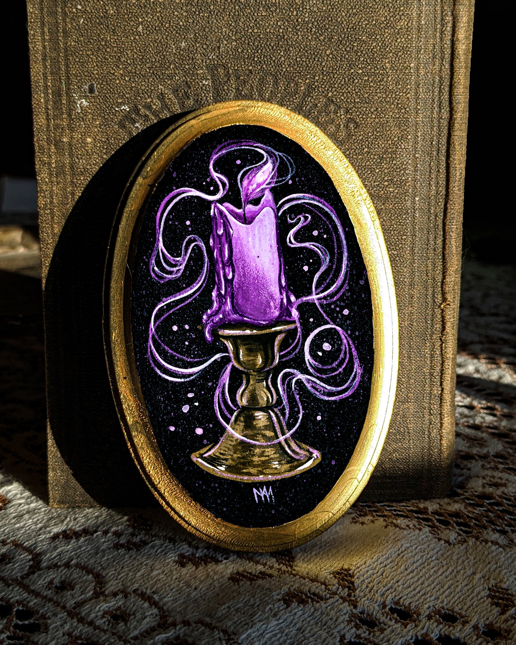 Purple Ghost Candle Wood Mounted Print Oval Meagan Meli
