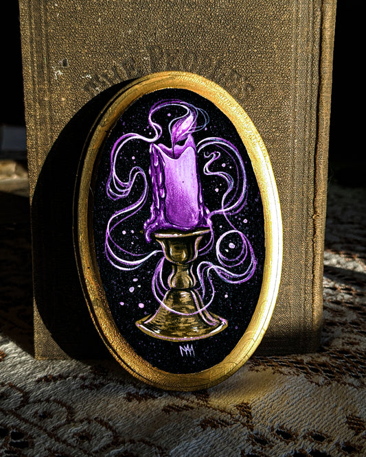 Purple Ghost Candle Wood Mounted Print - Oval